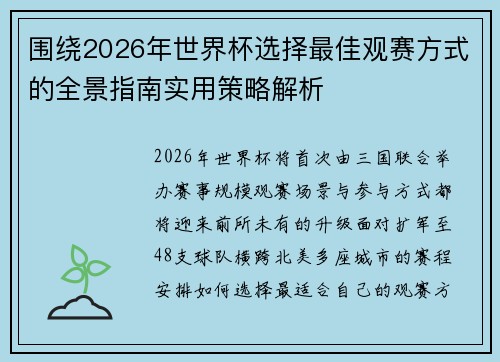 围绕2026年世界杯选择最佳观赛方式的全景指南实用策略解析