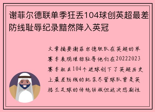 谢菲尔德联单季狂丢104球创英超最差防线耻辱纪录黯然降入英冠 谢菲尔德联单季狂丢104球创英超最差防线耻辱纪录黯然降入英冠